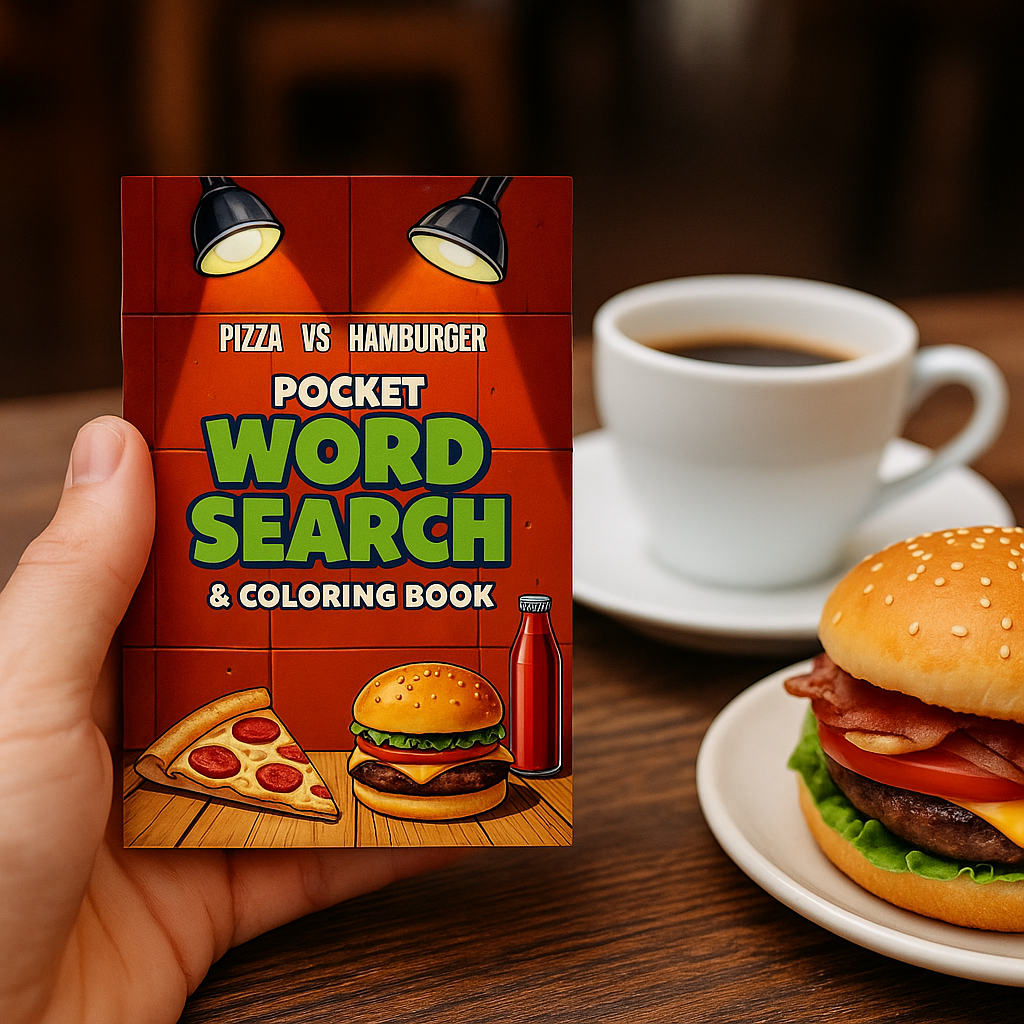 Pizza vs. Hamburger Pocket Word Search Puzzle & Coloring Book: Small Activity Book with Food Stories & Notes