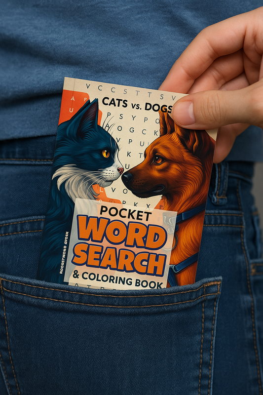 Cats vs. Dogs Pocket Word Search Puzzle & Coloring Book for Adults and Kids: Small Activity Book with Pet Stories & Notes