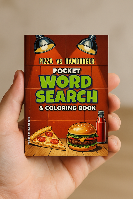 Pizza vs. Hamburger Pocket Word Search Puzzle & Coloring Book: Small Activity Book with Food Stories & Notes
