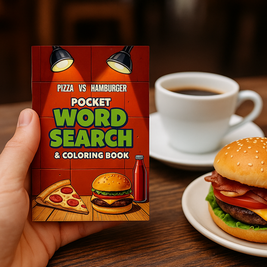 Pizza vs. Hamburger Pocket Word Search Puzzle & Coloring Book: Small Activity Book with Food Stories & Notes